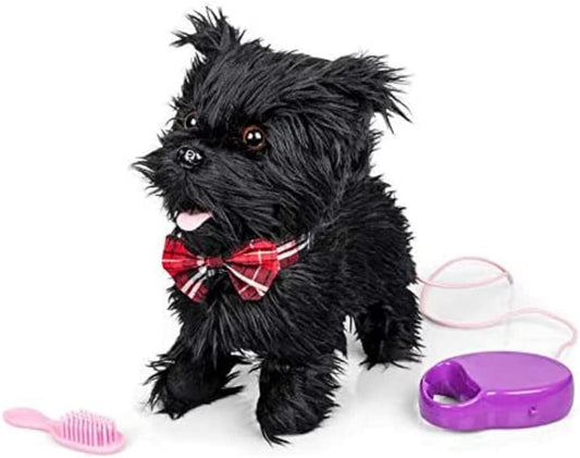 Black toy dog with a red plaid bow tie, pink brush, and purple leash on a white background