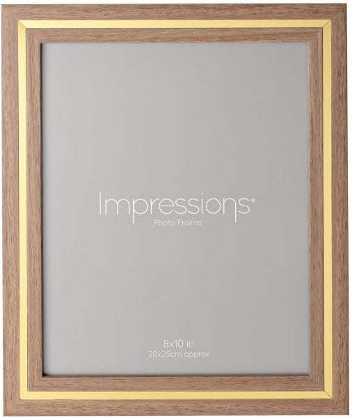 Wooden photo frame with gold accents and 'Impressions' branding on a gray background
