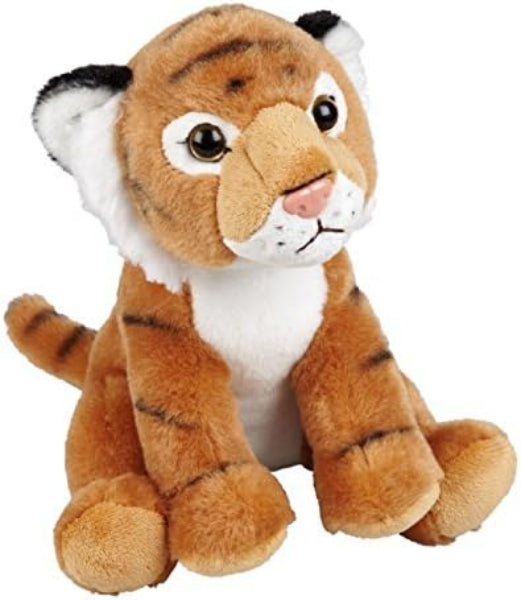 A plush toy tiger sitting down, featuring orange and brown stripes, a white chest and face, and black ears, photographed on a solid white background.