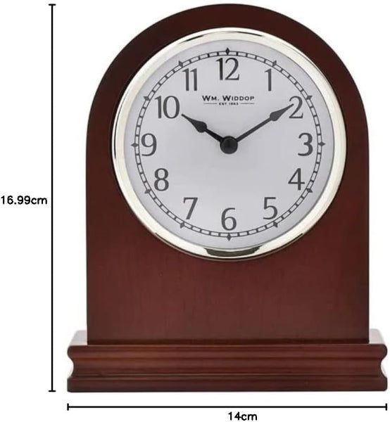 Wooden clock with white face and black hands, featuring the brand 'Wm. Widdop'.