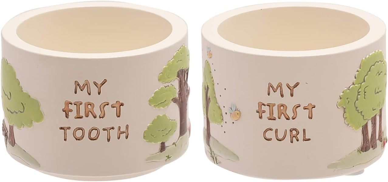 Two ceramic保存罐, one labeled 'My First Tooth' and the other 'My First Curl', with tree designs.