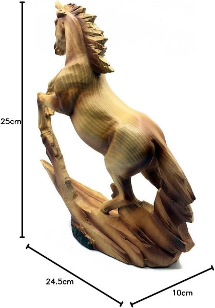 Wooden horse sculpture on a white background with measurements indicated.