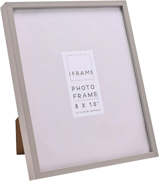 An 8x10 inch picture frame with a light gray wood finish and a white mat, shown standing on a small brown base against a white background. A white paper insert in the center reads 'IFRAME PHOTO FRAME 8 X 10"'