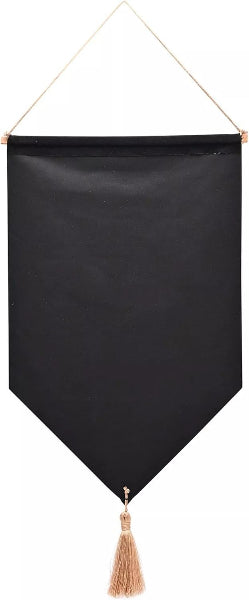 Black banner with a tassel hanging against a white background