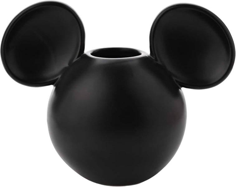 A matte black ceramic vase shaped like a stylized mouse head with two large ears, shown on a plain white background.