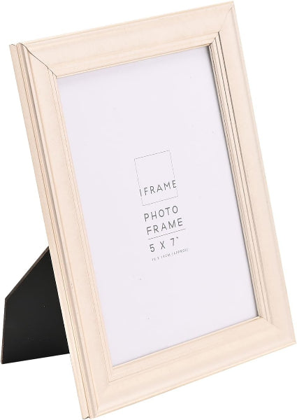 A 5x7 inch picture frame in a light natural wood finish, shown standing on a black triangular easel against a white background.