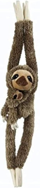 Plush toy sloth hanging from a branch with a baby sloth on its back.