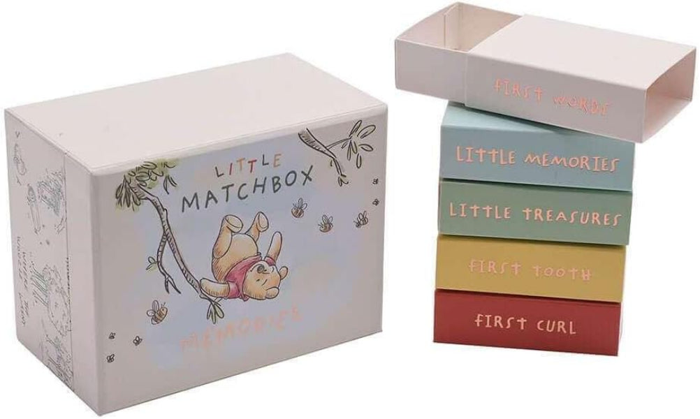 Set of matchbox-style boxes with Winnie the Pooh design, labeled 'Little Matchbox'.
