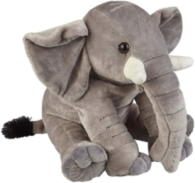 A plush elephant toy in medium gray with a white trunk and tusks, sitting on a plain white background.