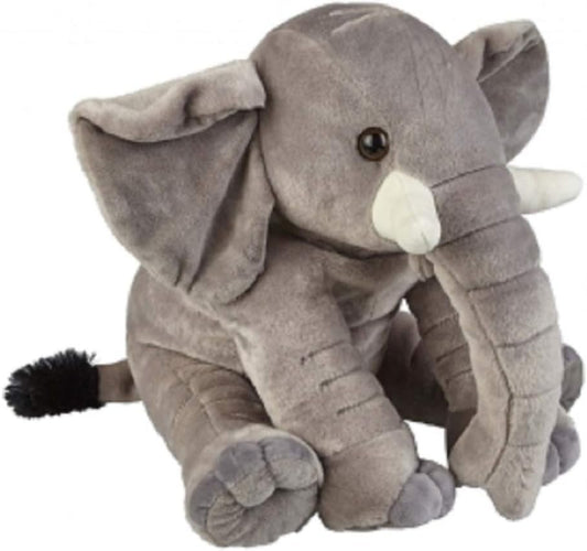 A plush elephant toy in medium gray with a white trunk and tusks, sitting on a plain white background.