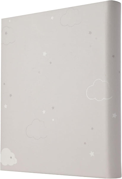 Gray crib mattress with cloud pattern on a white background