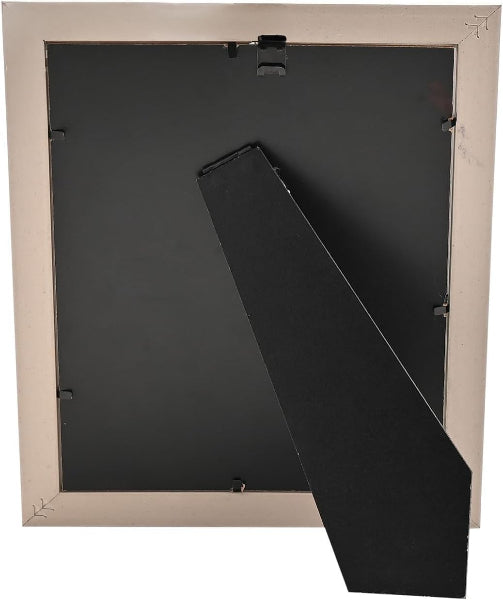 The back view of a picture frame with a light beige outer border and a black inner backing board with a hinged support arm, shown on a white background.