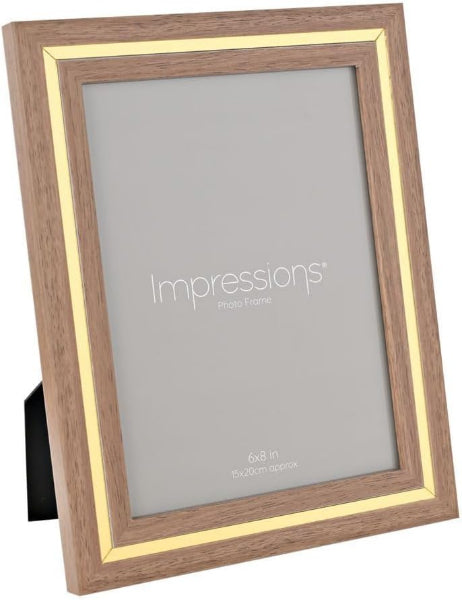 Wooden photo frame with gold accents and 'Impressions' branding on a white background