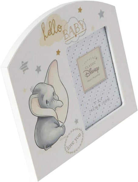 Baby photo frame with Dumbo design and 'hello BABY' text on a white background