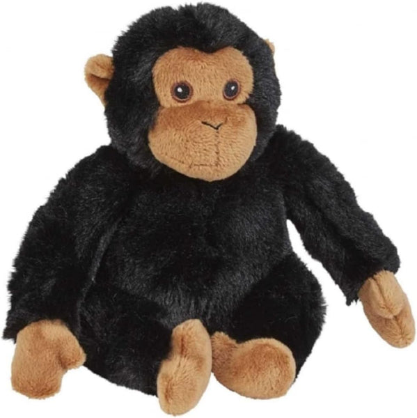 Plush monkey toy with black fur and brown face and feet on a white background