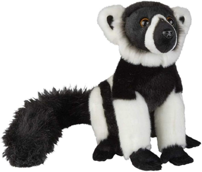 A plush toy lemur with black and white fur, realistic embroidered eyes, and a long black-and-white striped tail, shown on a plain white background.