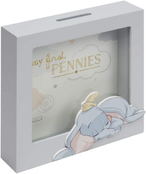 Dumbo-themed piggy bank in a decorative box with 'my first pennies' text.
