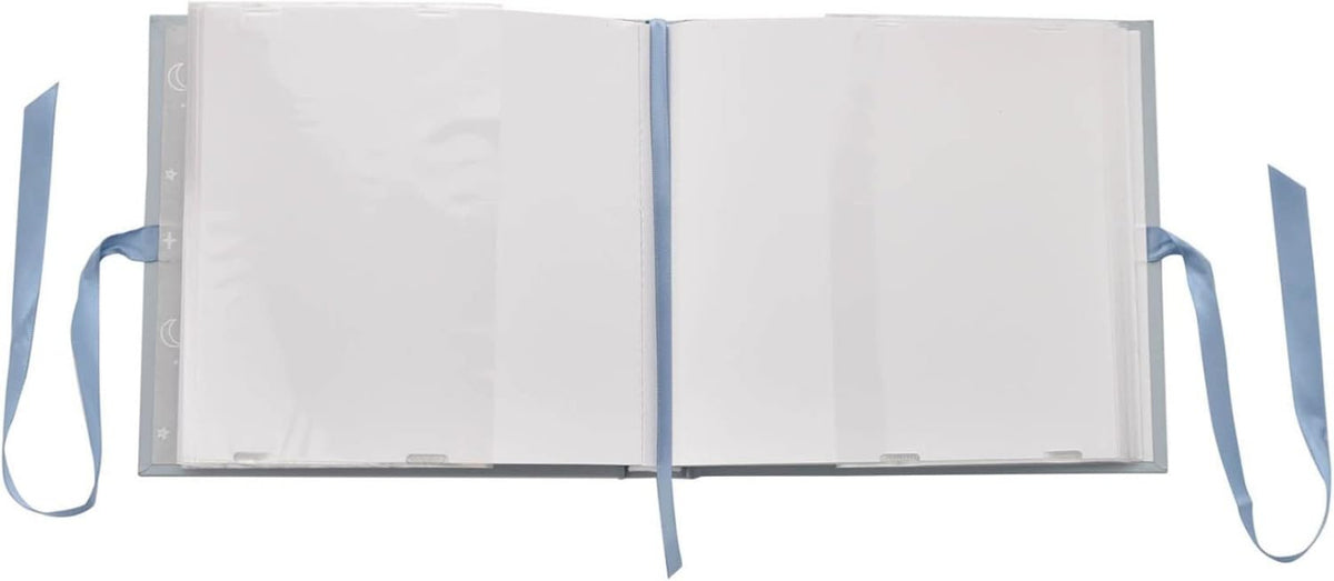 A clear plastic binder or album cover shown open, with white interior pages and light blue ribbon ties extending from the sides against a plain white background.