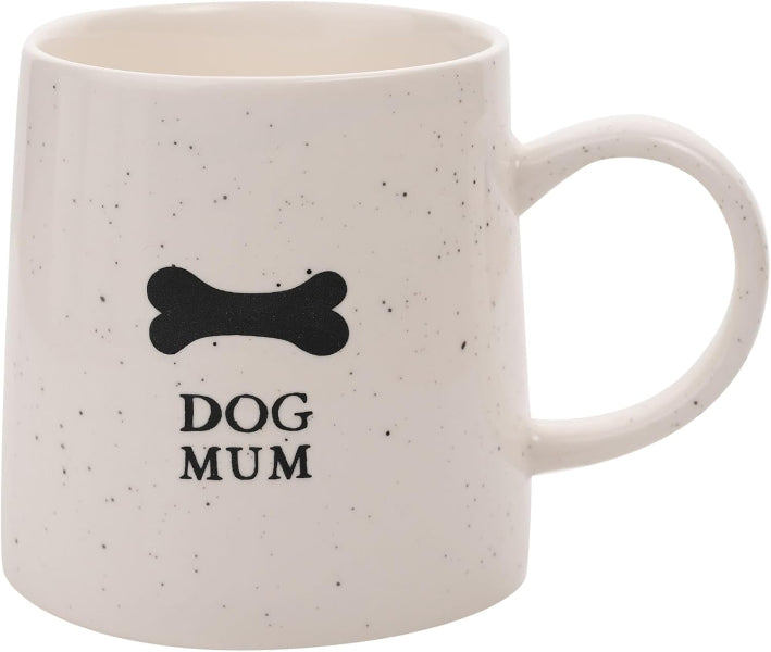 White mug with black text 'DOG MUM' and a bone symbol on a white background