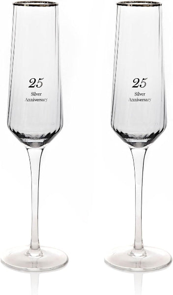 Two champagne flutes with '25 Silver Anniversary' engraving on a white background