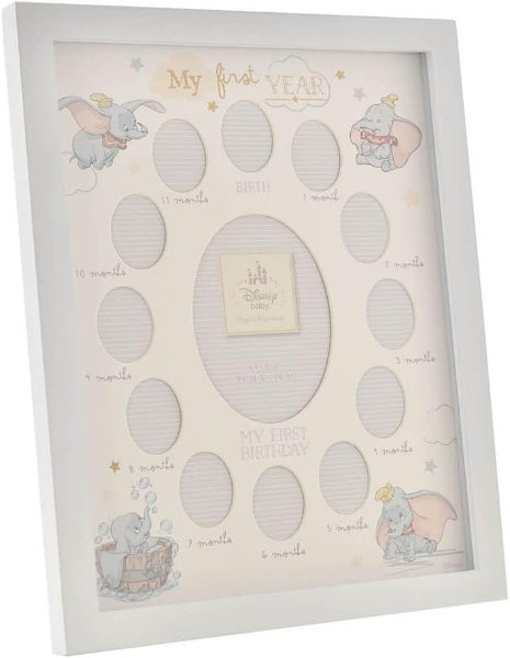 Baby milestone photo frame with elephant illustrations and 'My First Year' text.