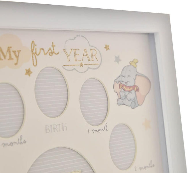 Baby milestone chart with Dumbo illustration and text 'My first YEAR' on a white background
