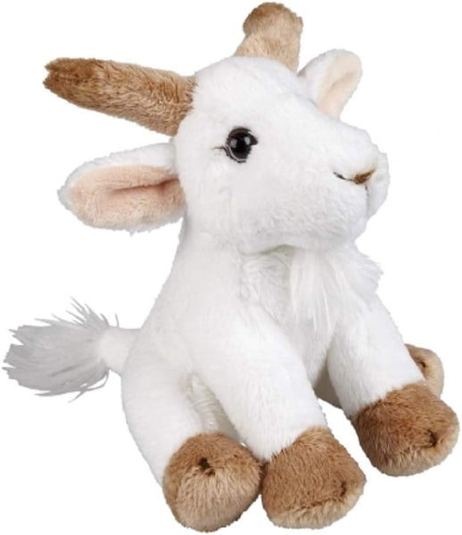 Plush toy goat with white body and brown legs and horns on a white background