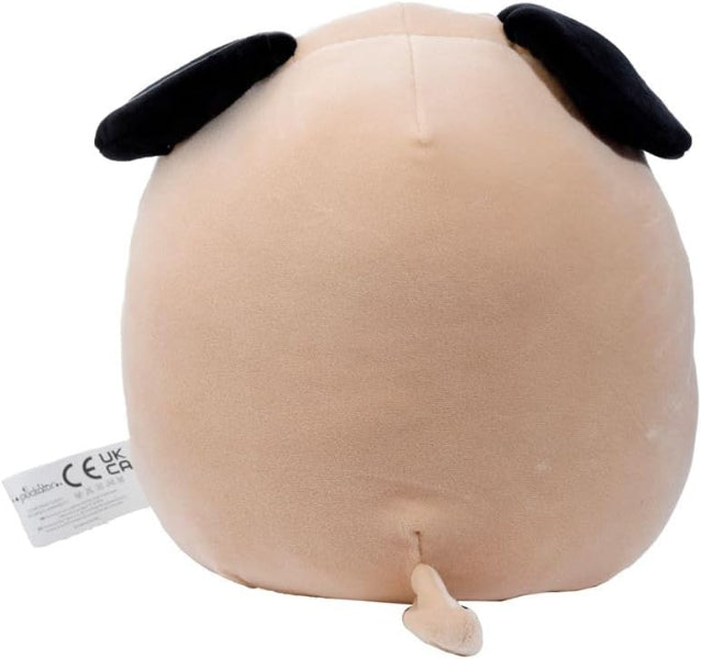 Round beige plush toy with black ears on a white background