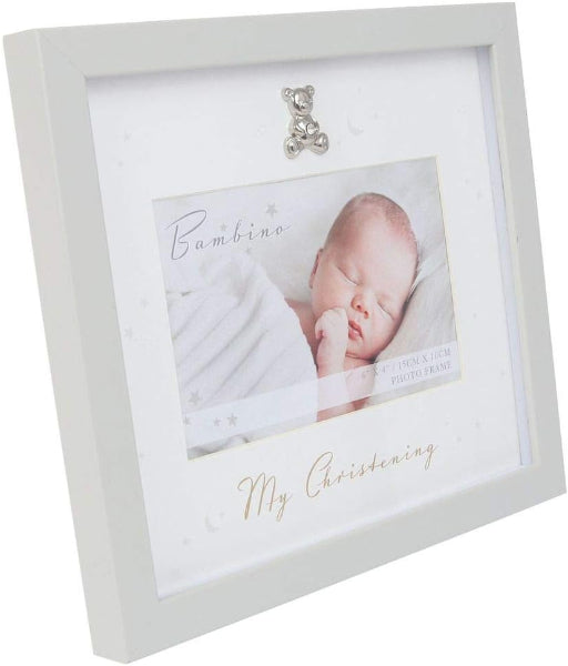 White photo frame with a baby picture and 'My Christening' text on a white background