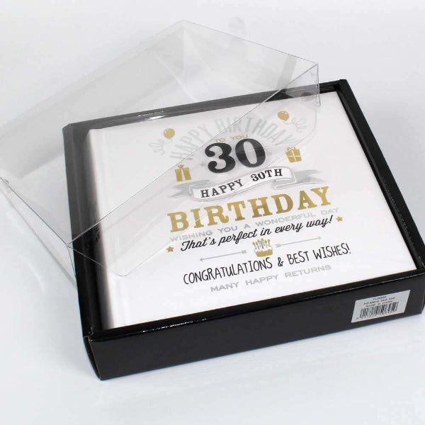 Happy 30th birthday card in a clear plastic sleeve on a white background