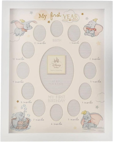 Baby milestone chart with Dumbo illustrations and text for tracking baby's first year.