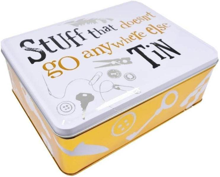 Metal tin with text 'Stuff that doesn't go anywhere else' on a white background