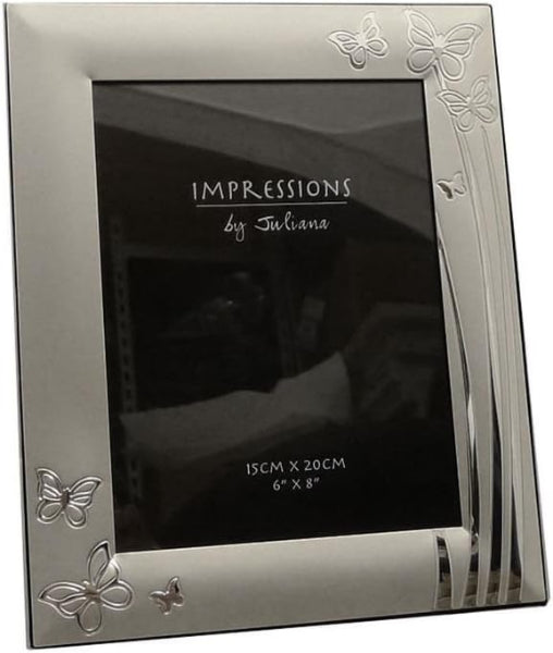 Silver photo frame with butterfly designs on a white background