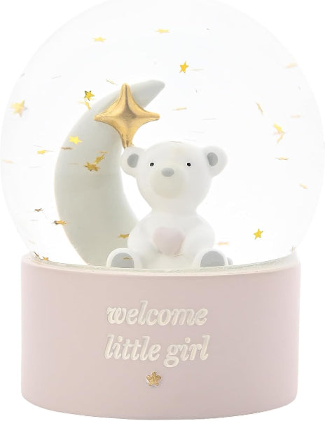 Decorative item with a bear and moon, featuring the text 'welcome little girl' on a white background.