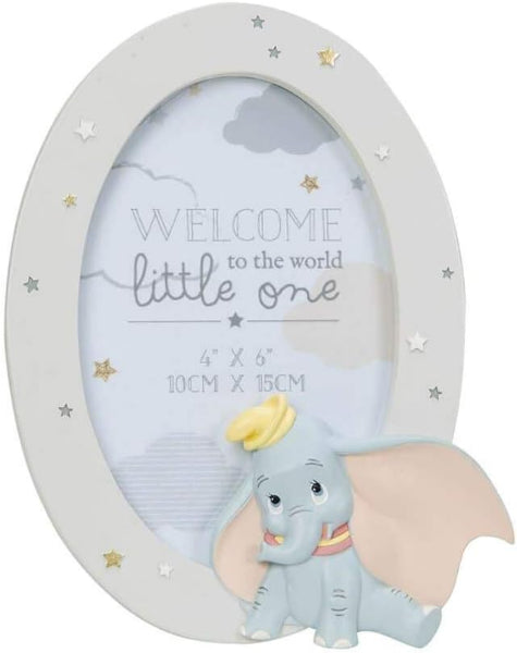 Oval photo frame with Dumbo the elephant design and text 'Welcome to the world little one'.