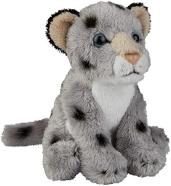 A plush toy snow leopard cub with gray fur, black spots, a white chest, and beige inner ears, sitting against a plain white background.