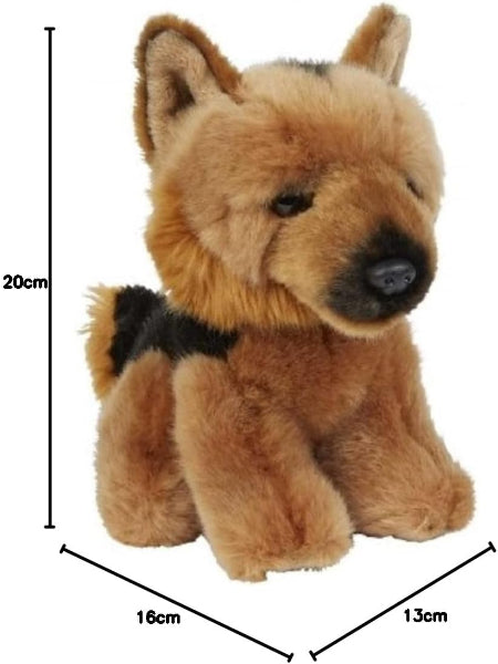 Plush toy dog with dimensions on a white background