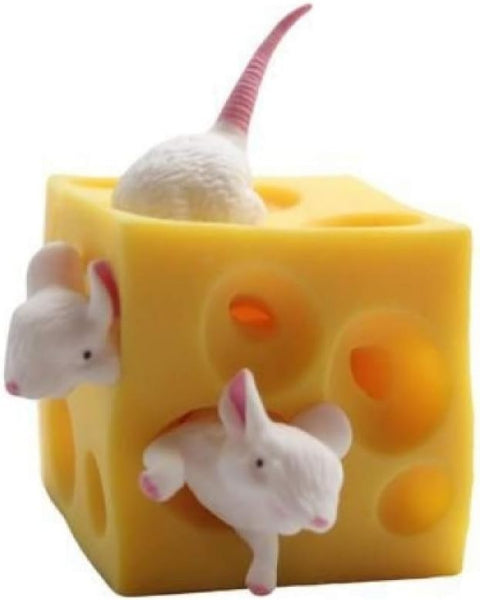Yellow cheese block with three small mice on a white background