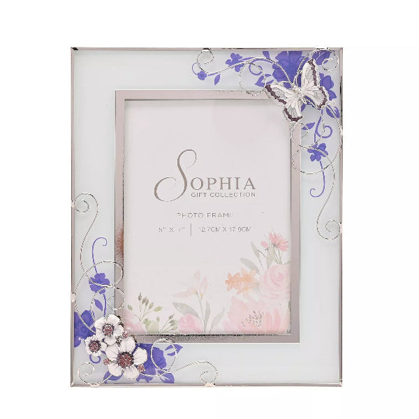 Decorative photo frame with floral and butterfly design on a white background