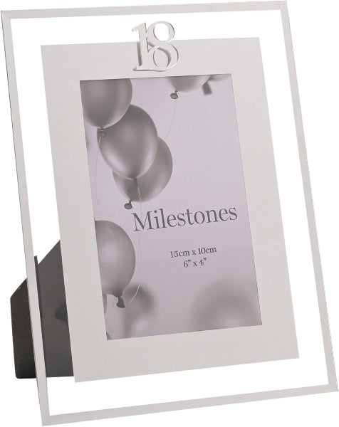 Silver photo frame with '18' and 'Milestones' text, featuring balloons on a white background.
