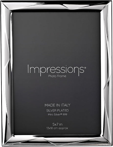Silver-plated photo frame with 'Impressions' branding on a black background