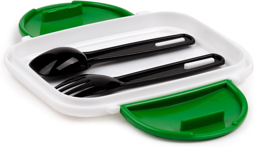 Lunch box with black spoon and fork set on a white background