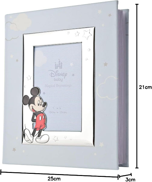 Disney baby magical beginnings picture frame with Mickey Mouse illustration, shown with dimension markings of 25cm width, 21cm height, and 3cm depth on a white background