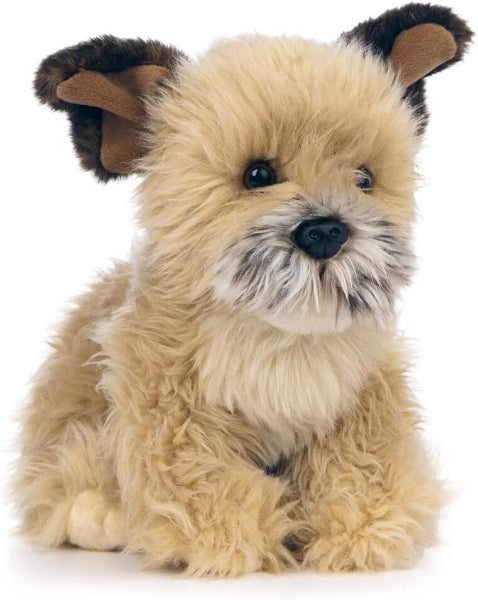 Plush toy dog with brown and black fur on a white background