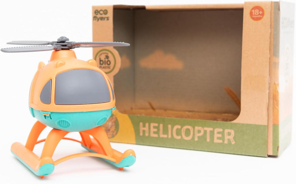 Toy helicopter with a cardboard box labeled 'Helicopter' on a white background