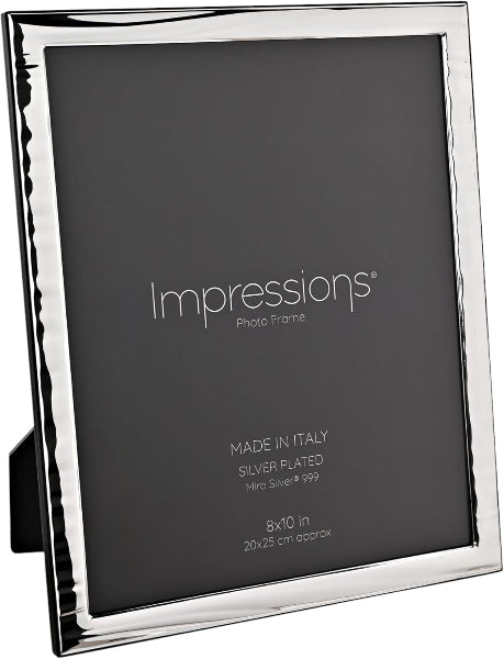 A silver-plated picture frame with a wavy, textured edge and a black insert card displaying the brand 'Impressions' and product details.