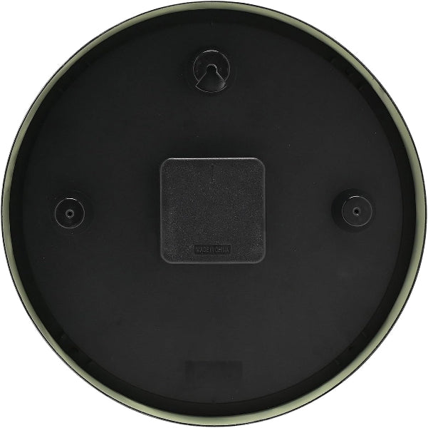 Round black object with a square component on a white background