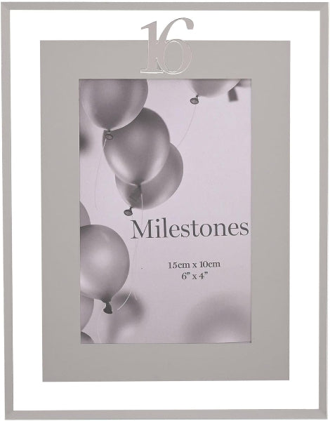 Silver photo frame with '16 Milestones' text and balloon design on a white background