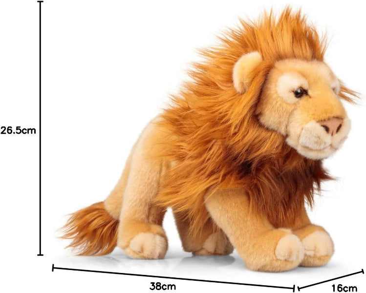 Plush lion toy with measurements on a white background