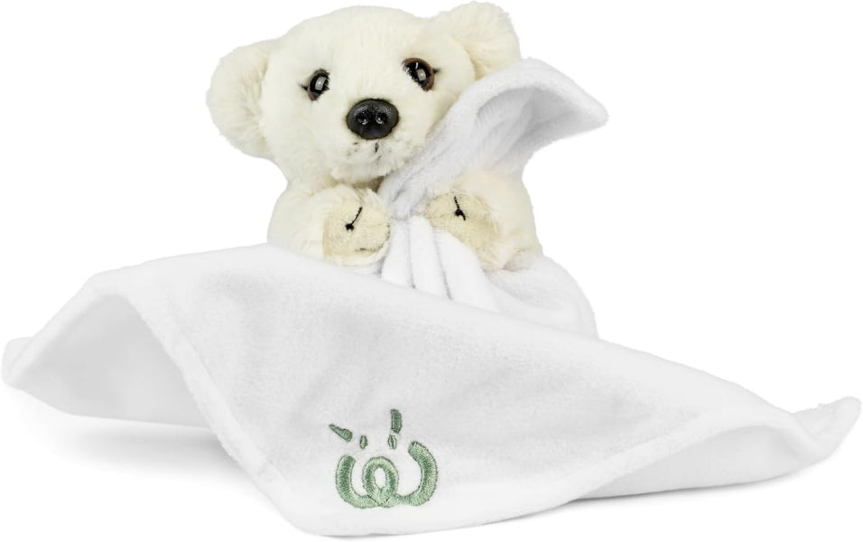 White teddy bear with a white blanket featuring a green logo on a white background